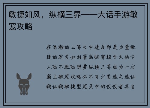 敏捷如风，纵横三界——大话手游敏宠攻略