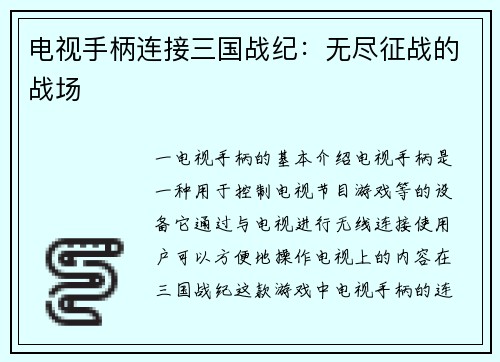 电视手柄连接三国战纪：无尽征战的战场